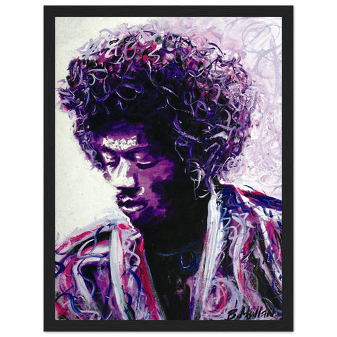 Purple Haze framed art print by Irish artist B. Mullan, inspired by Jimi Hendrix's iconic song. The portrait features Hendrix in purple, navy blue, and rose gold hues, capturing his electrifying presence and musical genius. Perfect for rock 'n' roll enthusiasts.