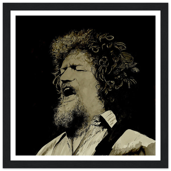 Framed art print of Luke Kelly by Ó Maoláin. Captures Kelly's emotive storytelling with On Raglan Road. A tribute to The Dubliners and traditional Irish ballads like Grace. High-quality framing, perfect for any home. Buy Irish art and celebrate folk music.