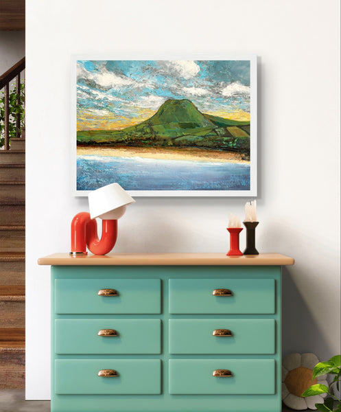  Semi-abstract giclee print by Irish artist Ó Maoláin depicting Lurig Mountain and Cushendall Beach in Antrim's picturesque Glens. Features a rural beach with crystal clear water in a sheltered bay, ideal for sea swimming. Vibrant colors and artistic interpretation.