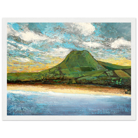 Semi-abstract giclee print by Irish artist Ó Maoláin featuring Lurig Mountain and Cushendall Beach. The landscape showcases the picturesque rural beach with crystal clear water and a sheltered bay, nestled in the glens of Antrim, ideal for sea swimming.