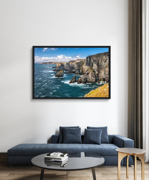 "Abstract framed print showcasing Mizen Head, County Cork. Captures the Atlantic coast's raw power, cliffs, and ocean. Ideal for nature lovers seeking striking décor."
