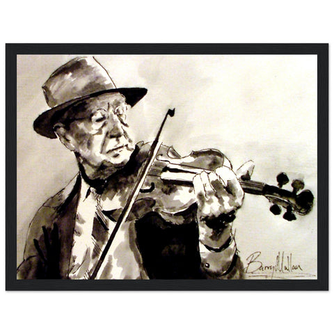 Framed art print featuring an Old Irish Traditional Fiddle Player by Irish artist B. Mullan. The musician is captured in a moment of soulful performance, evoking the rich cultural heritage and melodic traditions of Ireland. Black wood frame