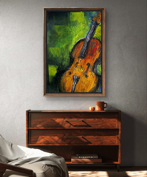 Abstract Old Irish Fiddle print in green and brown tones, featuring a vintage violin, ideal for Celtic music enthusiasts and contemporary decor.