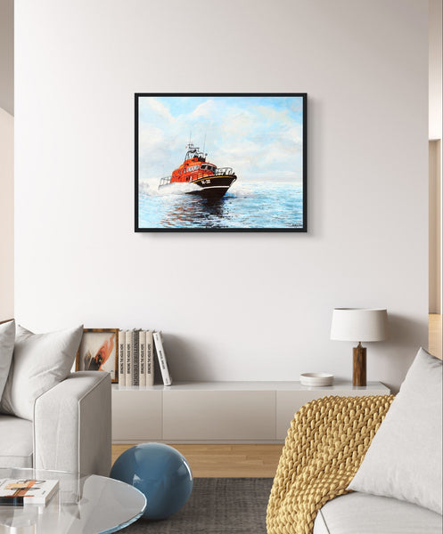 Framed art print of an RNLI lifeboat battling waves, celebrating the bravery of lifeboat crews. Available in multiple colour frame and finishes. Perfect for any nautical enthusiasts that support the RNLI's life-saving missions.