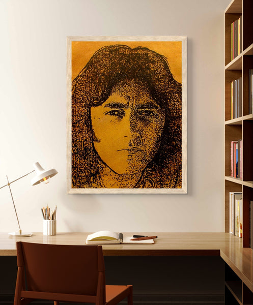 Photo Finish Portrait of Rory Gallagher in rich brown and golden hues, capturing his charismatic presence. Art by Irish artist Ó Maoláin, celebrating Gallagher's legendary talent and Ballyshannon roots in blues rock.