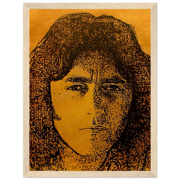 CALLING CARD framed portrait of Rory Gallagher in rich brown and golden hues by Irish artist Ó Maoláin, capturing his charismatic presence and musical legacy the Fender Stratocaster guitar.