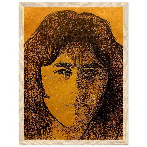 CALLING CARD framed portrait of Rory Gallagher in rich brown and golden hues by Irish artist Ó Maoláin, capturing his charismatic presence and musical legacy the Fender Stratocaster guitar.