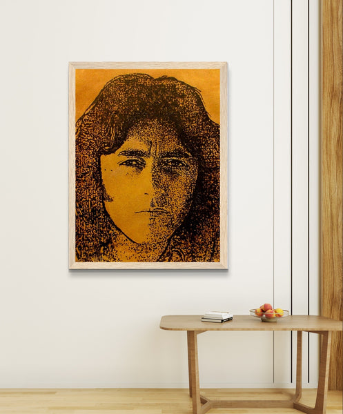 Photo Finish: Portrait of Rory Gallagher in rich brown and golden hues, capturing his charismatic presence. Art by Ó Maoláin, celebrating the blues rock legend's legacy from Ballyshannon, Ireland.