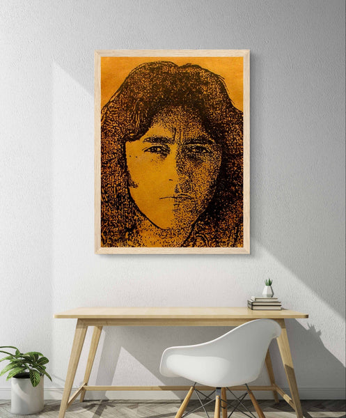 Photo Finish: Portrait of Rory Gallagher in rich brown and golden hues, capturing his charismatic presence. Art by Irish artist Ó Maoláin, celebrating the legendary blues rock guitarist from Ballyshannon.