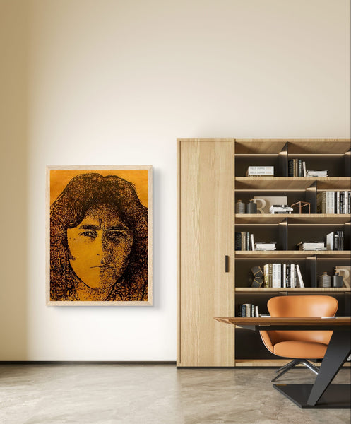 Photo Finish" framed portrait of Rory Gallagher in rich brown and golden hues, capturing his charismatic presence, by Irish artist Ó Maoláin.