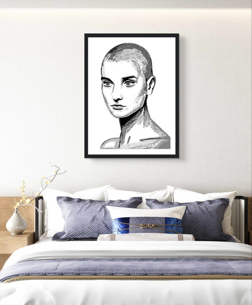 Framed wall art print of Sinéad O'Connor features a high-quality portrait capturing the iconic singer's striking presence. This vintage music framed wall art showcases the Irish pop star, ideal for fans of retro posters, musician prints, and Ireland's iconic Irish princess.