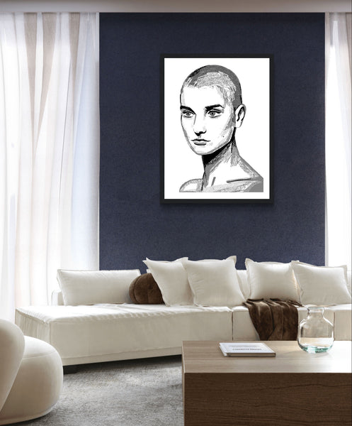 Framed wall art print of Sinéad O'Connor features a high-quality portrait capturing the iconic singer's striking presence. This vintage music framed wall art showcases the Irish pop star. Ideal for retro posters, musician prints, and fans of Ireland's Irish Princess.