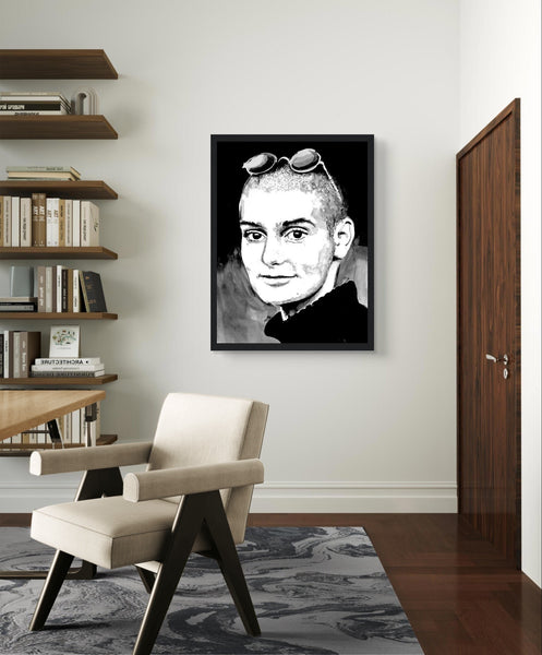 Framed wall art print of Sinéad O'Connor features a high-quality portrait capturing the iconic singer's striking presence. This vintage music framed wall art showcases the Irish princess pop star. Perfect for retro posters, musician prints, and Ireland-themed decor.