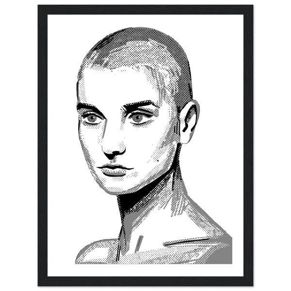 Framed wall art print of Sinéad O'Connor features a high-quality portrait capturing the iconic singer's striking presence. This vintage music framed wall art is perfect for fans of retro posters and prints of musicians. Celebrate the Irish princess pop star from Ireland.