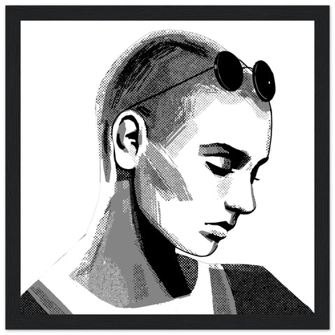 Framed wall art print of Sinéad O'Connor features a high-quality portrait capturing the iconic singer's striking presence wearing sunglasses. This vintage music framed wall art showcases the Irish pop star, perfect for retro posters and prints. Ideal for fans of musician prints and Irish princess decor.