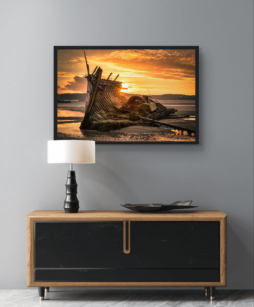Fine art print captures sunset shipwreck at Bunbeg, Co. Donegal on Wild Atlantic Way. Rich cultural scene in Irish-speaking Gaoth Dobhair