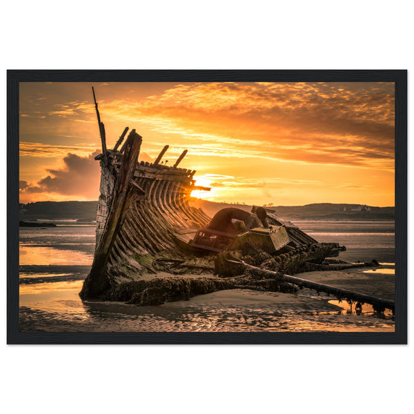 Fine art print captures Bád Eddie shipwreck at sunset on Donegal's rugged coast. Rich cultural heritage & stunning scenery from Bunbeg, Co. Donegal, along Ireland's Wild Atlantic Way