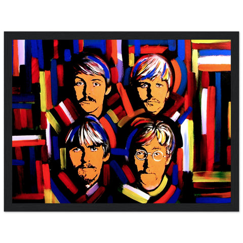 Colorful art print featuring portraits of the Fab Four: John Lennon, Paul McCartney, George Harrison, and Ringo Starr by Irish artist Ó Maoláin, celebrating Beatlemania and The Beatles' iconic music and cultural impact.