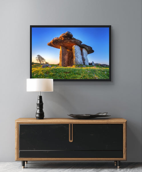 Framed art print of Poulnabrone Dolmen, an iconic Irish monument on Burren limestone plateau. Rich history and breathtaking landscapes captured in exquisite detail.