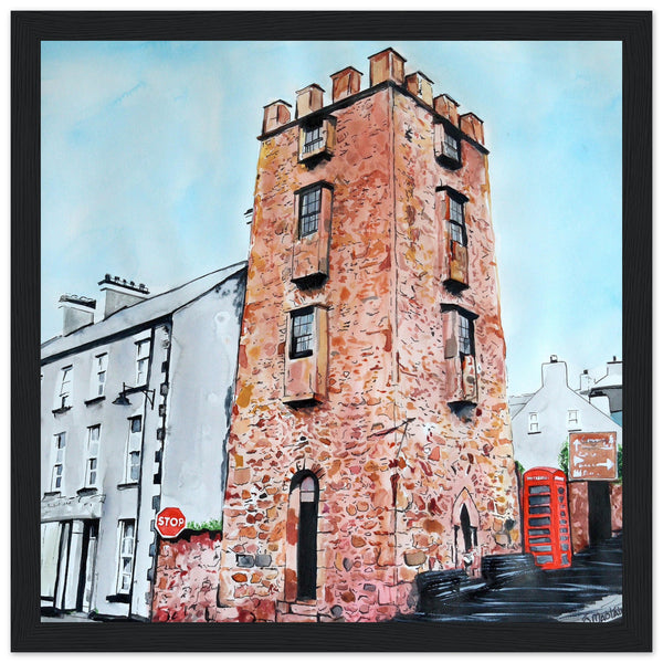 Framed art print The Curfew Tower by Ó Maoláin. This piece depicts The Curfew Tower in Cushendall, Glens of Antrim, built by Francis Turnley in 1820 and now owned by Bill Drummond. The artwork showcases the tower amid the scenic Glens of Antrim.