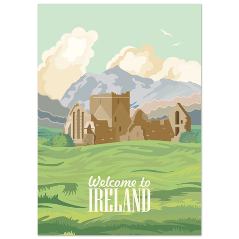 Art print featuring vibrant depiction of Ireland's iconic landmarks and lush landscapes, celebrating its rich culture and heritage.
