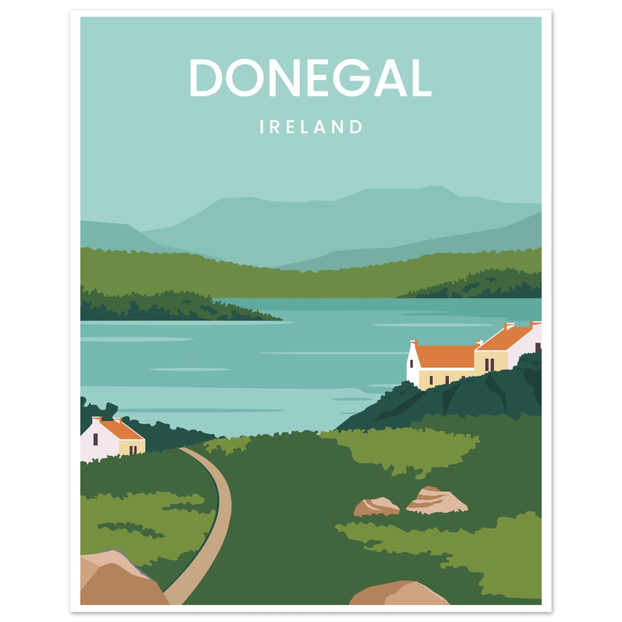 Minimalist Donegal, Ireland travel poster art print, showcasing serene landscapes and iconic Irish elements in a stylish, simplified design, ideal for wall decor.