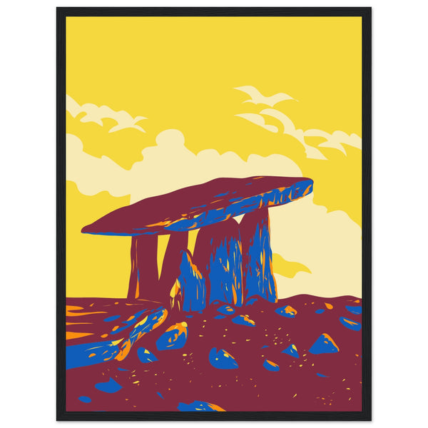 Vintage framed travel poster art print of Poulnabrone Dolmen in County Clare's Burren. Neolithic tomb set against limestone backdrop, ideal for home decor or as a thoughtful gift capturing Ireland's ancient allure.