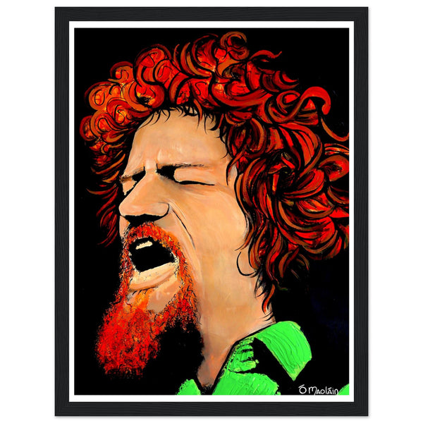 Working Class Hero by Ó Maoláin is a giclée print depicting Irish singer and folk musician Luke Kelly. The artwork captures Kelly's robust presence, reflecting his working-class roots and influential role in the folk music revival.