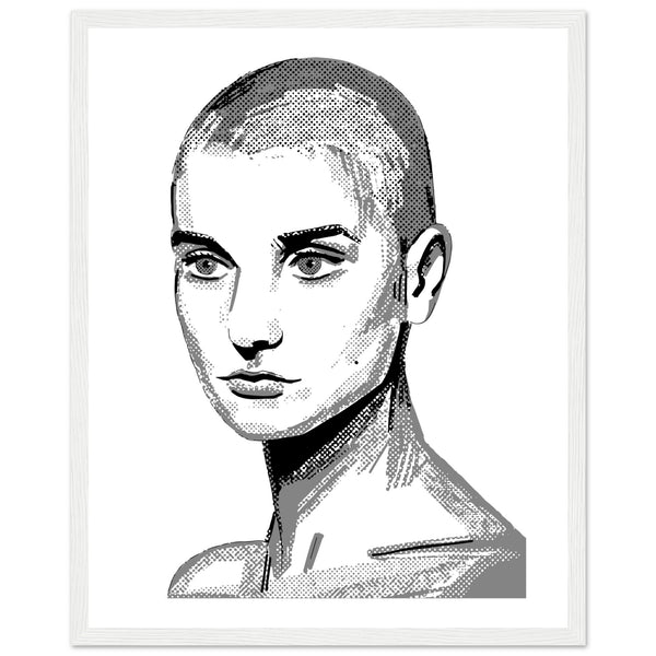 Framed wall art print of Sinéad O'Connor features a high-quality portrait capturing the iconic singer's striking presence. This vintage music framed wall art showcases the Irish pop star. Ideal for fans of retro posters, musician prints, Ireland art, and Irish princess icons.