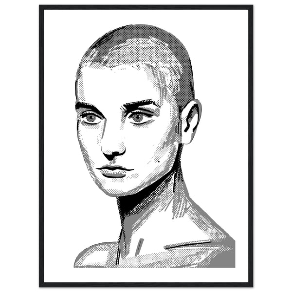 Framed wall art print of Sinéad O'Connor features a high-quality portrait capturing the iconic singer's striking presence. The detailed artwork, set in an elegant frame, highlights her expressive eyes and signature shaved head, adding a touch of music history to any decor.