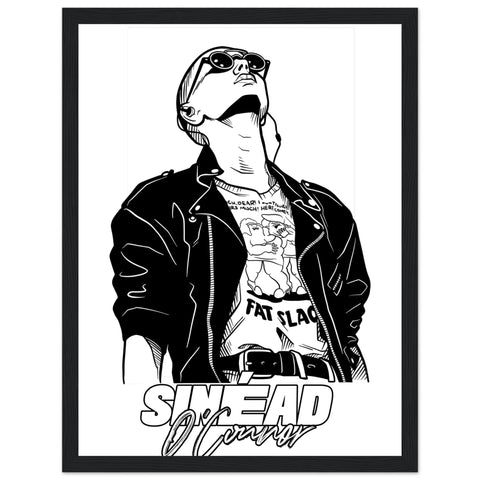 Framed wall art print of Sinead O Connor, capturing her iconic presence and artistic depth. Features the renowned Irish singer in a powerful, expressive pose, adding a touch of Ireland's distinctive voice to your space. Perfect for music lovers.